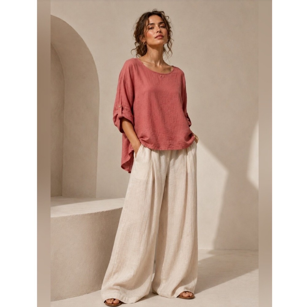 Terzo Millennio 100% Linen Tunic Top Made in Italy Coral Pink M ART 728